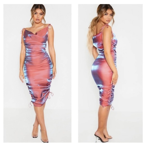 NWT Pretty Little Thing Pink Metallic Cowl Neck Maxi Dress Sz 6 - Picture 6 of 6